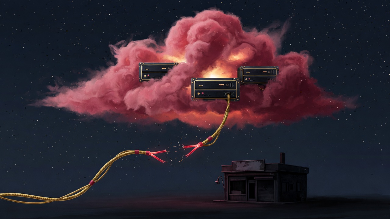Three model boxes in a red cloud. The cable to the shop is snapped.
